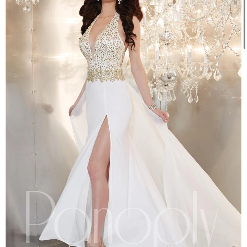 Panoply by House of Wu White & Gold Sequin Halter Gown | Prom / Pageant Dress